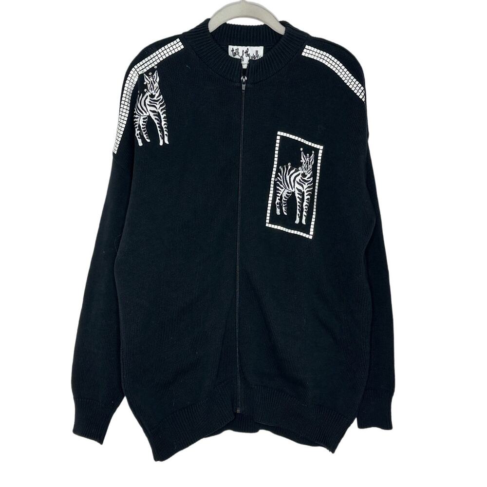 Vintage Talk of the Walk Black Zebra Zip Knit Sweater Jacket Size XL